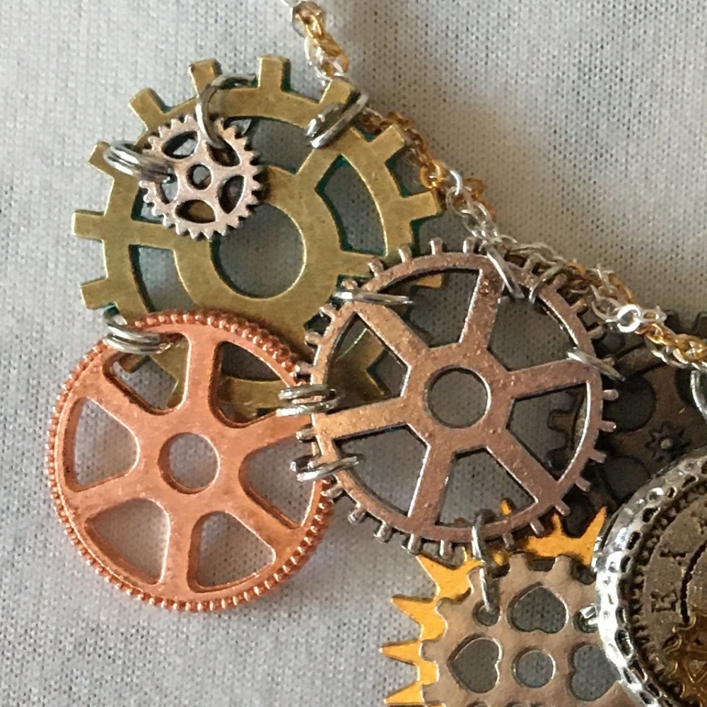 SOLD—Steampunk Handmade Steamer Mixed Metal Bib Necklace with Gears, Clocks - Picture 4 of 16